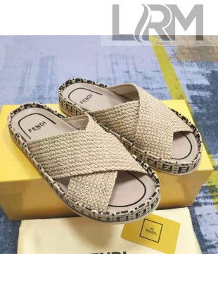 Fendi Reflections Raffia Flat Slide Sandals Beige 2021