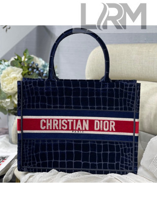 Dior Medium Book Tote Bag in Blue Crocodile-Effect Embroidered Velvet 2021