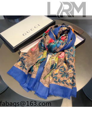 Gucci GG Flora Print Cashmere Scarf 100x200cm Blue 2021