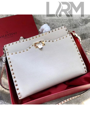 Valentino Grained Calfskin Rockstud Large Top Handle Bag White Fall 2018