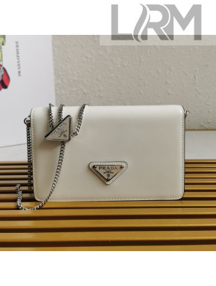 Prada Brushed Leather Shoulder Bag with Triangle logo Chain 1BD307 White 2021