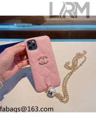 Chanel Leather iPhone Case with Pearl Chain Strap Pink 2021 1104104