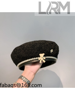 Chanel Shearling Bear Beret Hat Black 2021 110492