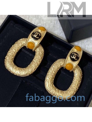 Chanel Engrave Metal Stone Short Earrings Black/Gold 2020