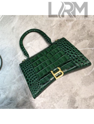 Balenciaga Hourglass Small Top Handle Bag in Crocodile Embossed Leather Green/Gold 2019