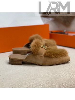 Hermes Suede Mink Fur H Flat Mules Brown 2020