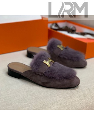 Hermes Suede Mink Fur H Flat Mules Purple 2020