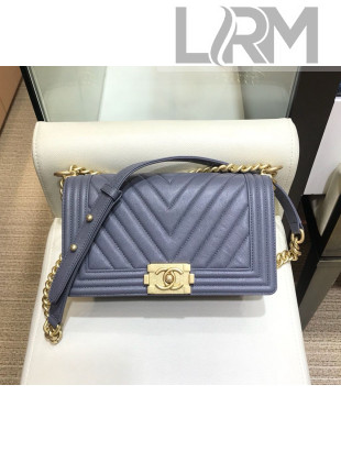 Chanel Chevron Grained Calfskin Medium Boy Flap Bag A67085 Dusty Blue/Gold 2019