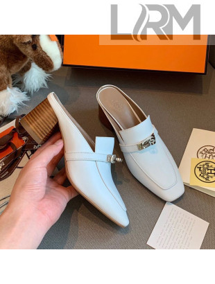 Hermes Blossom Goatskin Mid Heel Kelly Mules White 2020