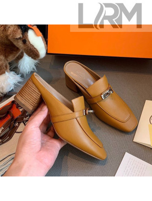 Hermes Blossom Goatskin Mid Heel Kelly Mules Light Brown 2020