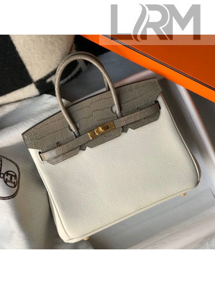 Hermes Touch Birkin Bag 25cm in Crocodile Embossed Leather and Togo Calfskin White/Gold 2021