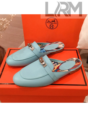 Hermes Classic Kelly Calfskin Flat Mules Blue 2020