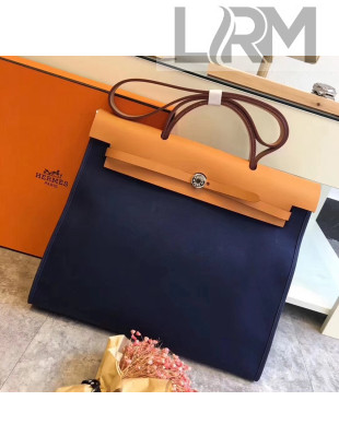 Hermes Original Leather And Canvas Large Herbag Handbag 39cm Deep Blue/Light Coffee 2019