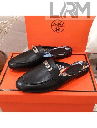 Hermes Classic Kelly Calfskin Flat Mules Black 2020