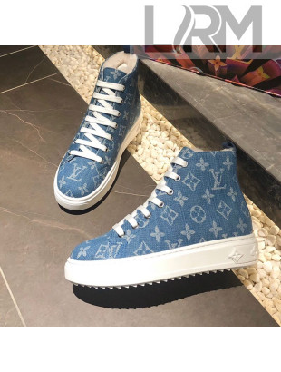 Louis Vuitton Monogram Denim Wool Short Sneaker Boots Blue 2020