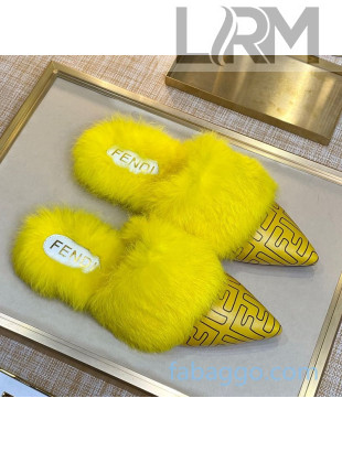 Fendi FF Calfskin Fur Flat Slippers Mules Yellow 2020