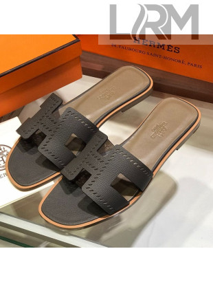 Hermes Santorini Epsom Calfskin Cut-out Classic H Flat Slide Sandals Dark Grey 2021 19