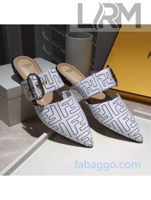 Fendi FF Leather Flat Mules with Buckle Band White 2020