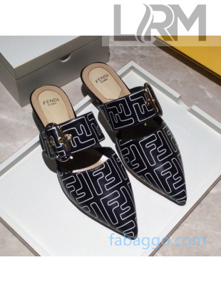 Fendi FF Leather Flat Mules with Buckle Band Black 2020