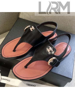 Chanel Calfskin Buckle Thong Sandals Black 2021