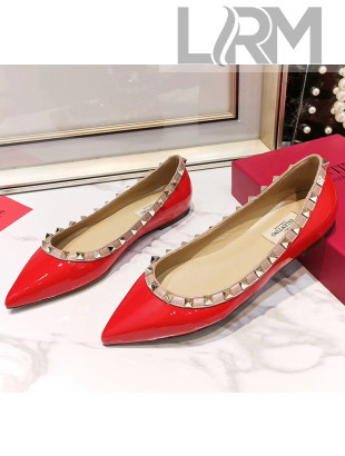 Valentino Rockstud Flat Ballerina in Patent Calfskin Red