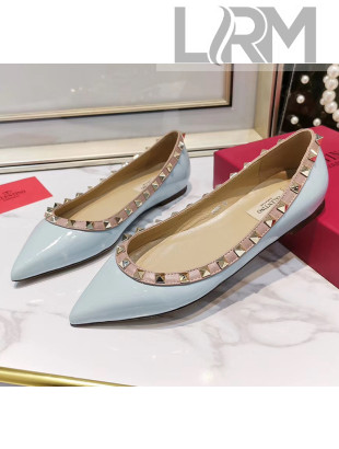 Valentino Rockstud Flat Ballerina in Patent Calfskin Baby Blue