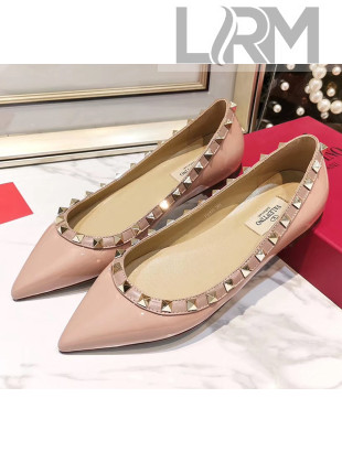 Valentino Rockstud Flat Ballerina in Patent Calfskin Pink