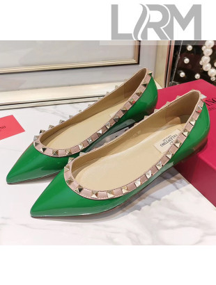 Valentino Rockstud Flat Ballerina in Patent Calfskin Green