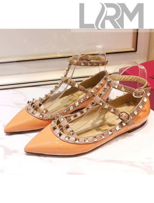 Valentino Patent Calfskin Rockstud Ballerina With Strap Orange