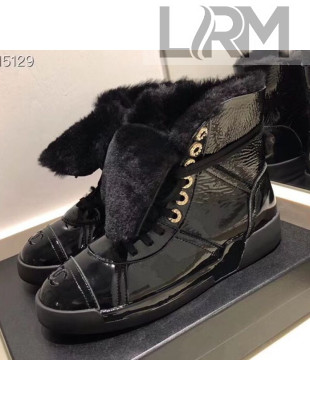 Chanel Patent Leather Lambskin Fur High-top Sneakers G35079 Black 2019