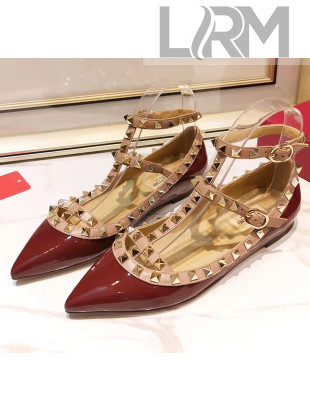 Valentino Patent Calfskin Rockstud Ballerina With Strap Burgundy