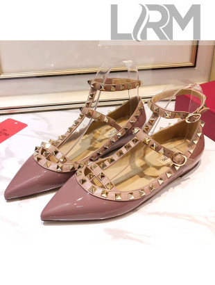 Valentino Patent Calfskin Rockstud Ballerina With Strap Pink 02