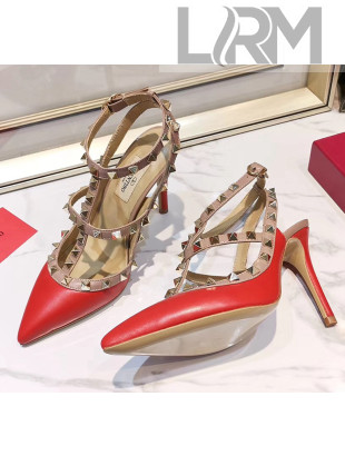 Valentino Smooth Leather Rockstud Ankle Strap With 9.5cm Heel Red