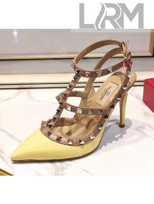 Valentino Patent Calfskin Rockstud Ankle Strap With 9.5cm Heel Yellow