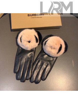 Burberry Lambskin and Cashmere Gloves with Pompon Black/Pink 2021 05