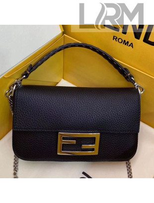 Fendi Litchi Grained Calfskin Mini Baguette Flap Shoulder Bag Black 2019