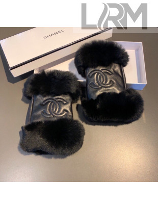 Chanel Lambskin and Rubbit Fur Gloves Black 2021 34