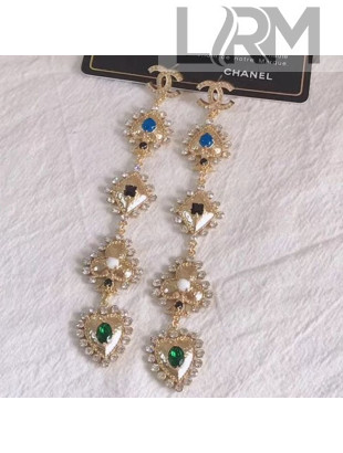 Chanel Crystal Heart Long Earrings AB2404 Blue/Green 2019