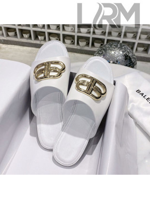 Balenciaga Oval BB Calfskin Flat Mules Slide Sandal White/Gold 2020