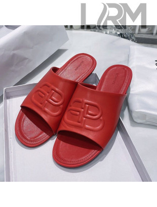 Balenciaga Oval BB Calfskin Flat Mules Slide Sandal All Red 2020