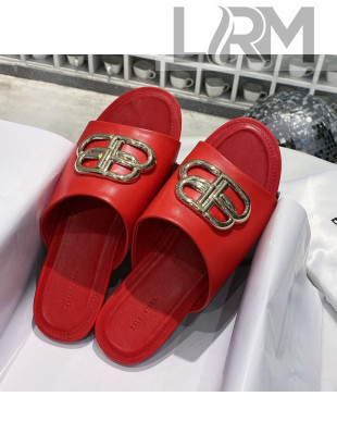 Balenciaga Oval BB Calfskin Flat Mules Slide Sandal Red/Gold 2020