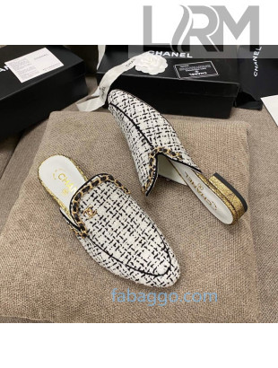 Chanel Tweed Flat Mules with Chain Charm Black/White 2020 01