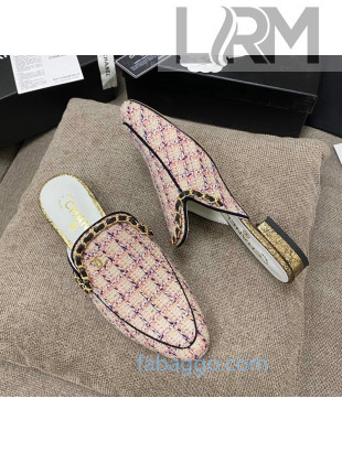 Chanel Checked Tweed Flat Mules with Chain Charm Pink 2020 04