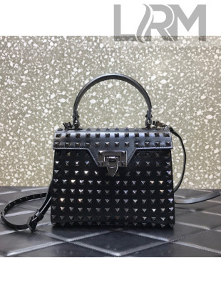 Valentino Small Rockstud Alcove Grainy Calfskin Handbag with All-Over Studs All Black 2021 0488