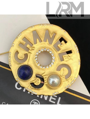 Chanel Round Metal Cutout Lettering Brooch AB1602 Gold/Blue 2019