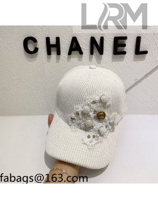 Chanel Lace Pearl Baseball Hat White 2021 110578