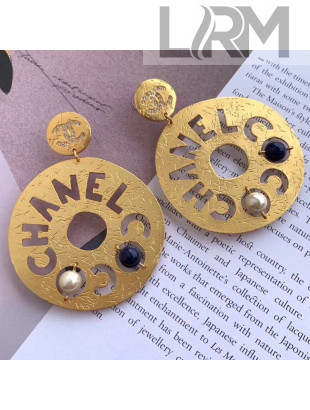 Chanel Round Metal Cutout Lettering Short Earrings AB1602 Gold/Blue 2019