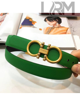 Ferragamo Double Reversible Grainy Calfskin Leather 2.5cm Belt with Metal Pearls Buckle Green 2019 