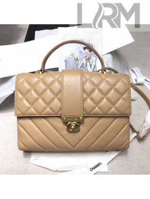 Chanel Quilted and Chevron Calfskin Large Flap Bag with Top Handle AS0712 Beige 2019