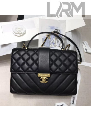 Chanel Quilted and Chevron Calfskin Large Flap Bag with Top Handle AS0712 Black 2019